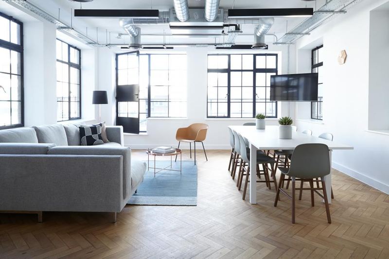 Bright loft workspace with large windows